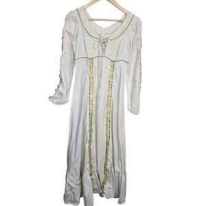Gunne Sax Jessica McClintock Cream and Gold Lace-Up Bohemian Maxi Dress 11 Med